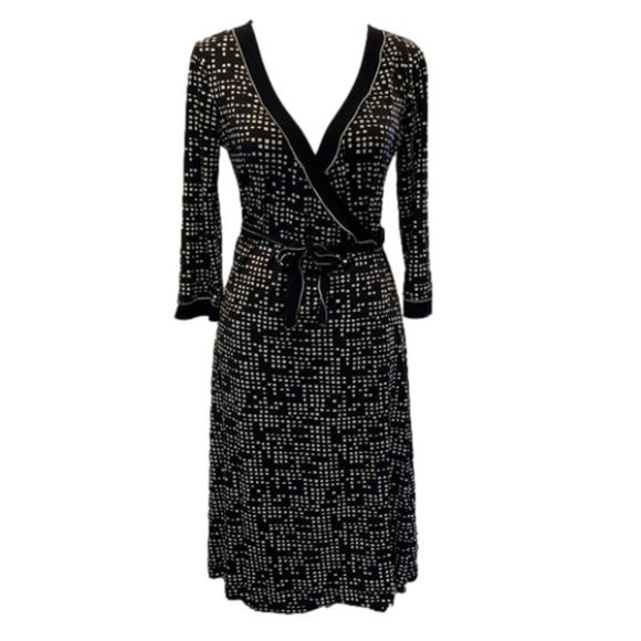 Max Studio Tops - Max Studio Checkered wrap dress, Beige & Black, Long Sleeve, Poly/Spandex blend